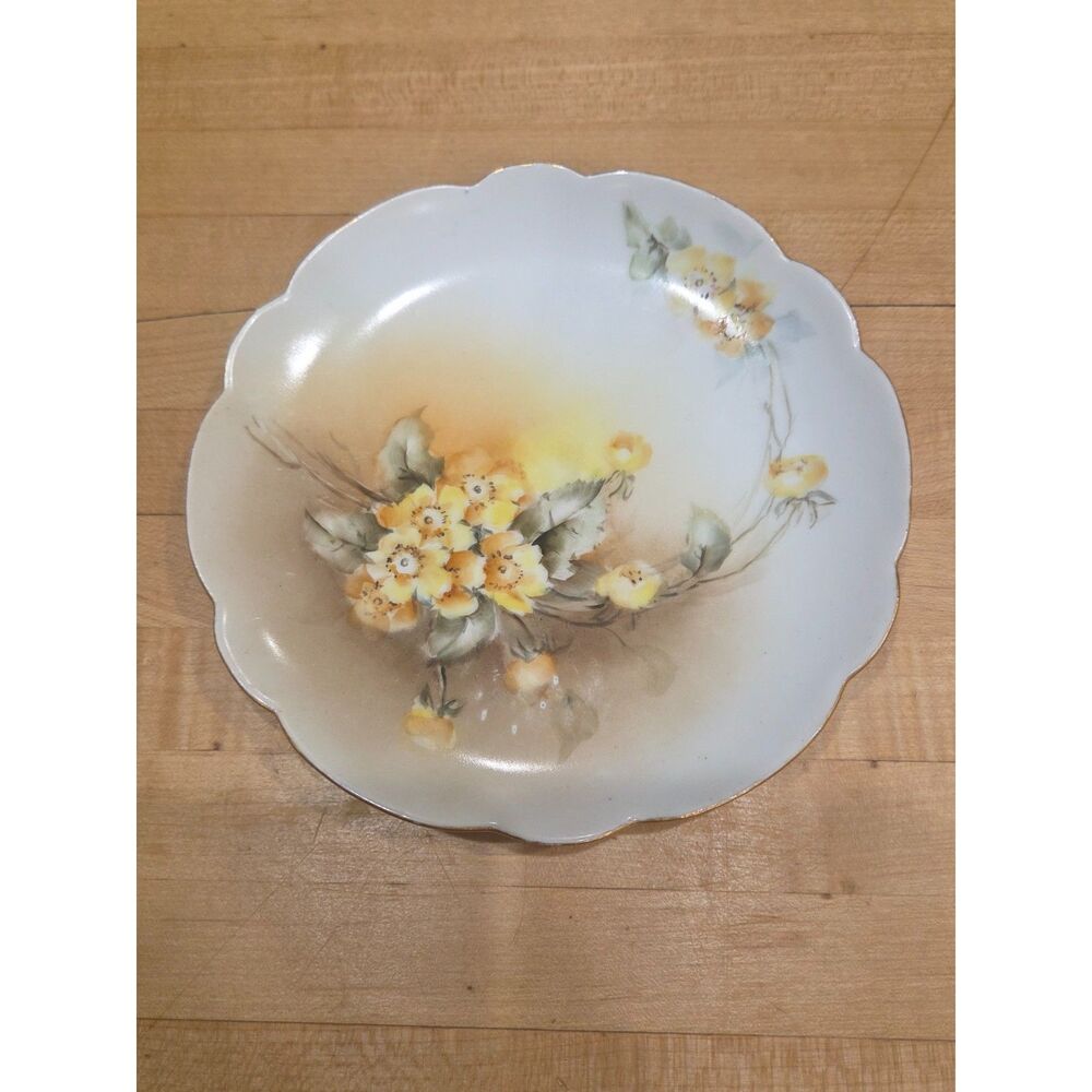 Limoges France Hand Painted Plate Yellow Wild Roses Gold Rim Scalloped